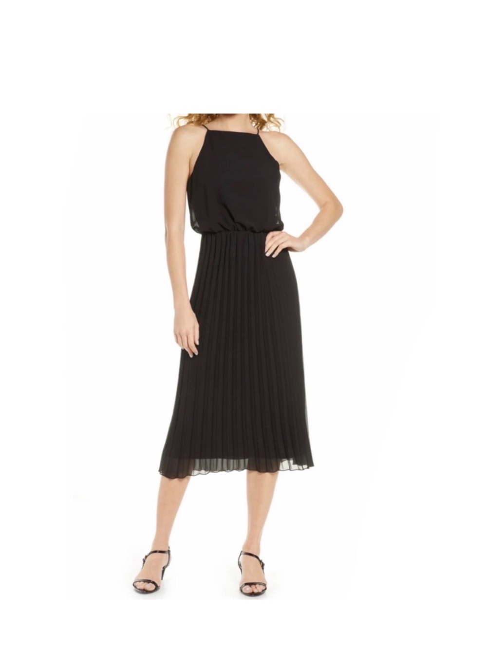 Sam Edelman Black Pleated Halter-Neck Midi Dress